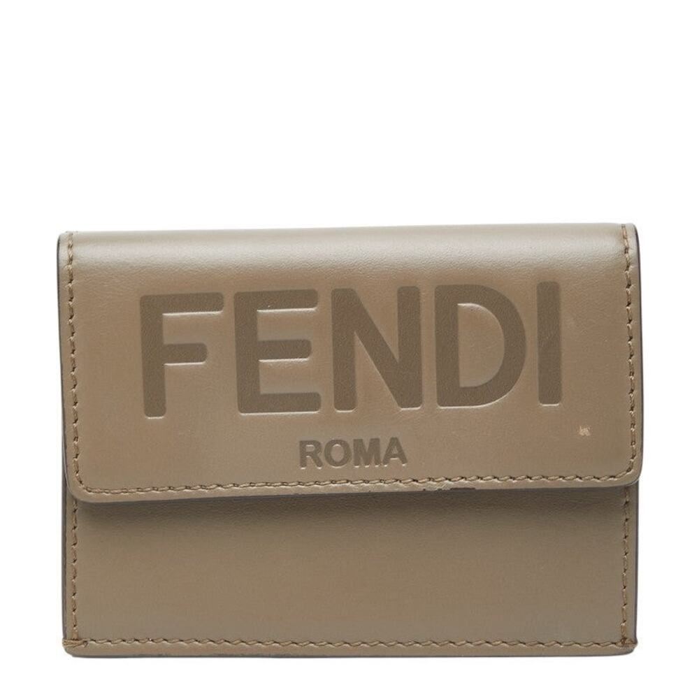 Fendi Leather Trifold Compact Wallet Greige Gray